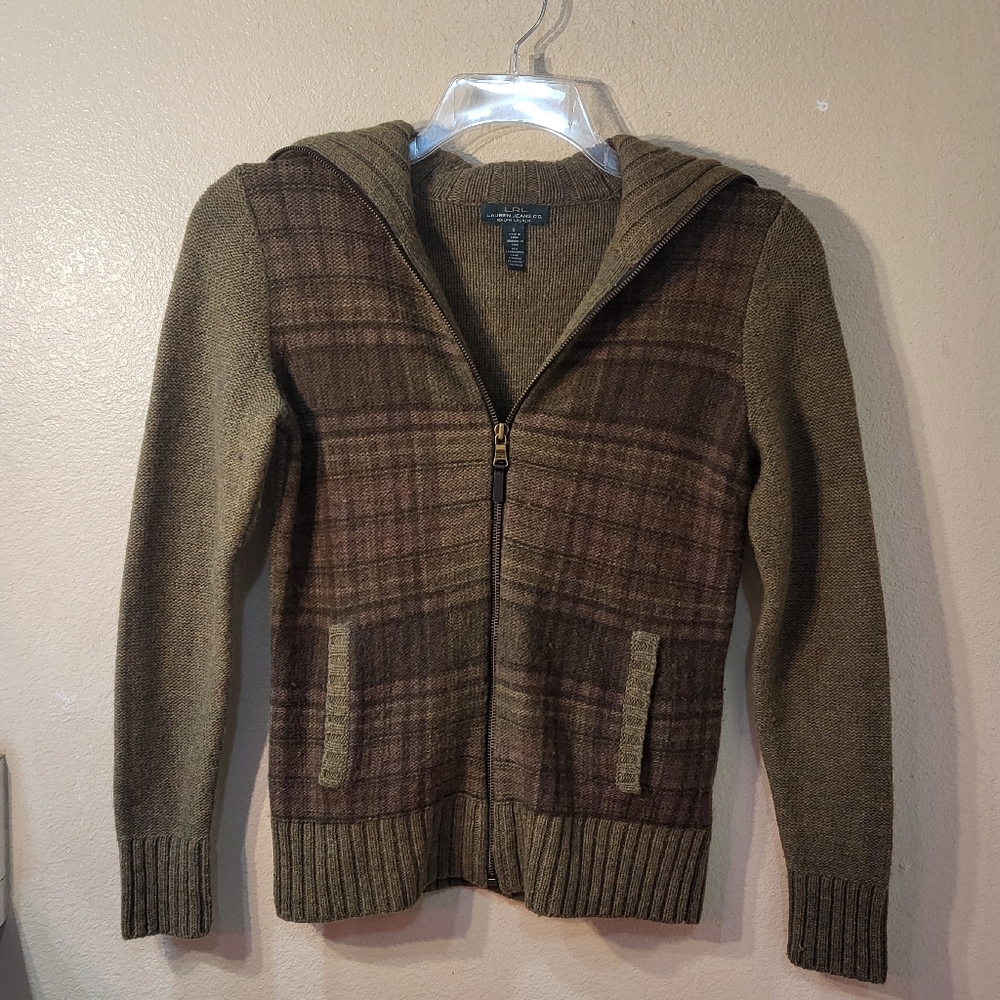 Olive plaid zip up jacket.